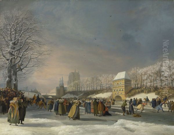 Schaatswedstrijd voor vrouwen op de Stadsgracht in Leeuwarden 21 januari 1809 Oil Painting by Nicolaas Baur