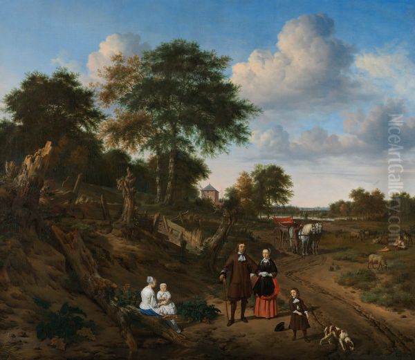 Portret van een echtpaar met twee kinderen en een min in een landschap Oil Painting by Adriaen Van De Velde