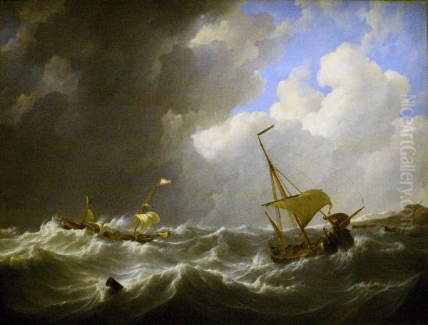 Schepen bij stormachtig weer Oil Painting by Johannes Christiaan Schotel