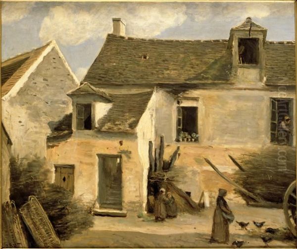 Courtyard of a house around Paris Oil Painting by Jean-Baptiste Camille Corot