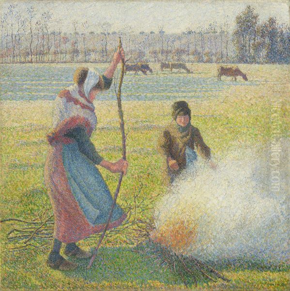 Peasant Girl Making a Fire, Hoar Frost Oil Painting by Camille Pissarro