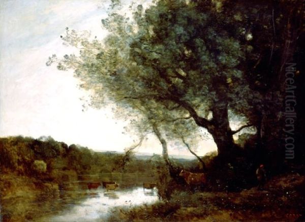 Passage of the ford in the evening Oil Painting by Jean-Baptiste Camille Corot