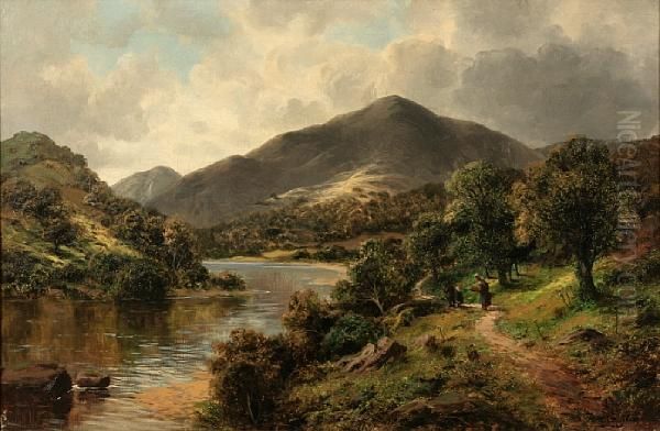 A River Landscape With Figures On A Path Oil Painting by Frederick Carlton