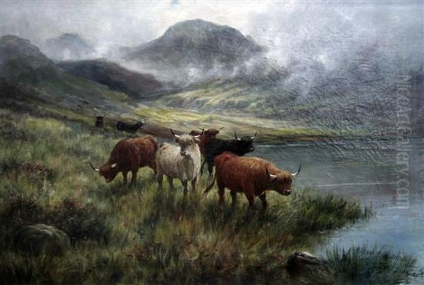 Highland Cattle Watering Oil Painting by Frederick Carlton