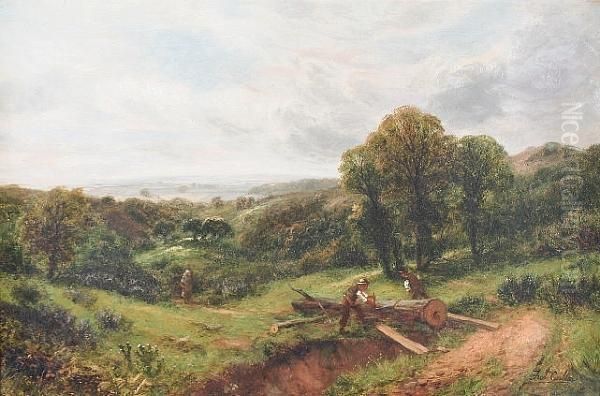 Horse And Cart By A River, Together With Another Of Timber Cutters By A Lane, A Pair Oil Painting by Frederick Carlton