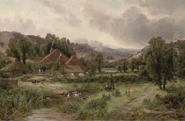 Figures By A Duck Pond In A Valley Landscape Oil Painting by Frederick Carlton