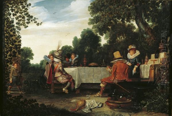 Elegant company at a banquet in a garden Oil Painting by Esaias Van De Velde