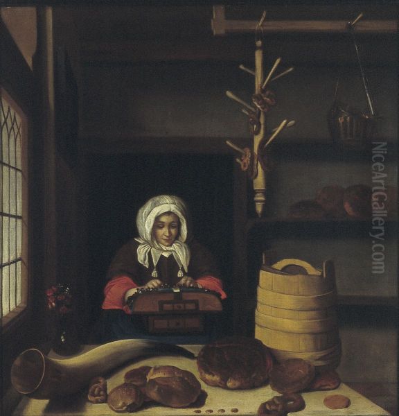 Lacemaker in  a bakery Oil Painting by Job Adriaenszoon Berckheyde