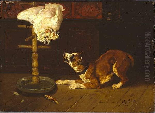 Een hond blaft tegen een kakatoe Oil Painting by Charles Verlat