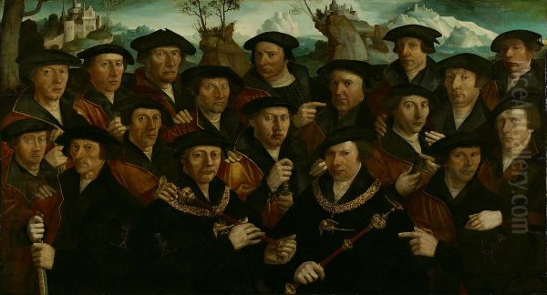 Rot van de kloveniers met twee schutterskoningen-Schuttersstuk met achttien figuren-Squad of the Arquebusiers with two champions Oil Painting by Allaert Claesz