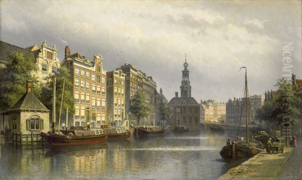 Het Singel te Amsterdam naar de Munt gezien Oil Painting by Eduard Alexander Hilverdink