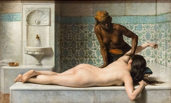 The massage. Hammam scene.Francais:Le Massage. Scene de hammam.Italiano:Il massaggio. Scena all'hammam. Oil Painting by Edouard Debat-Ponsan