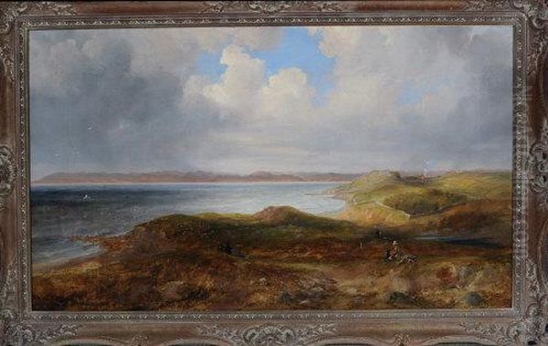 A Panoramic View Of An Estuary With Figures In The Foreground And Hilltop Farms In The Distance Oil Painting by John Wilson Carmichael