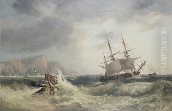 A Three-masted Merchantman Reefed Down In Heavy Seas Off A Rocky Shore Oil Painting by John Wilson Carmichael