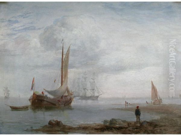 Coastal Scene With Vessels At Low Tide Oil Painting by John Wilson Carmichael