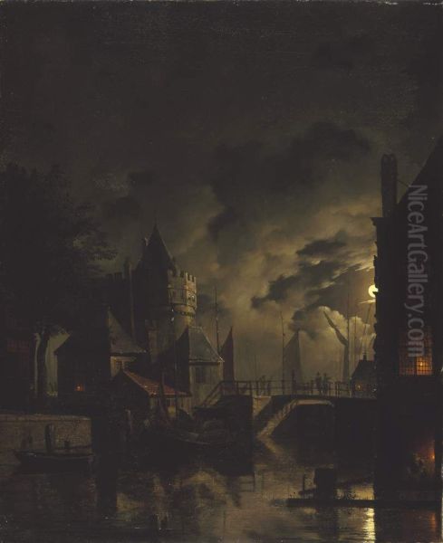 De Schreierstoren te Amsterdam bij maanlicht Oil Painting by Hendrik Gerrit ten Cate