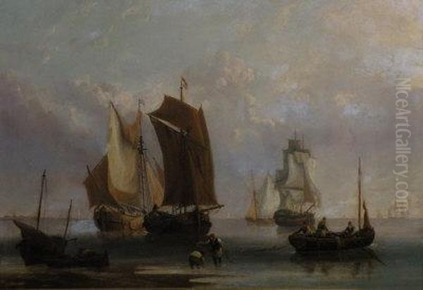 Dutch Fishing Boats And Other Vessels In A Calm Oil Painting by John Wilson Carmichael