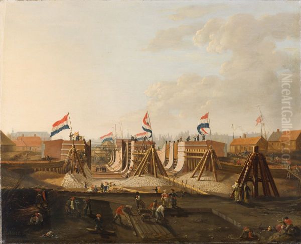 De bouw van de Oosterdokssluis, gezien uit het noorden Oil Painting by Petrus Kiers