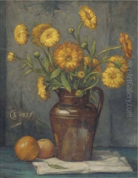 Marigolds In An Earthenware Jug Oil Painting by Stewart Carmichael