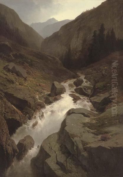 A Mountain Torrent Rushing Through A Gorge Oil Painting by Dedo Carmiencke