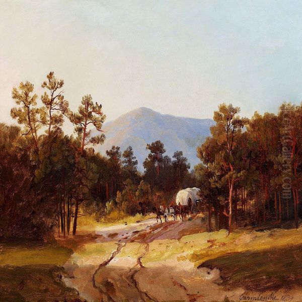 Horse-drawn Coach In The Forest Oil Painting by Johann-Hermann Carmiencke