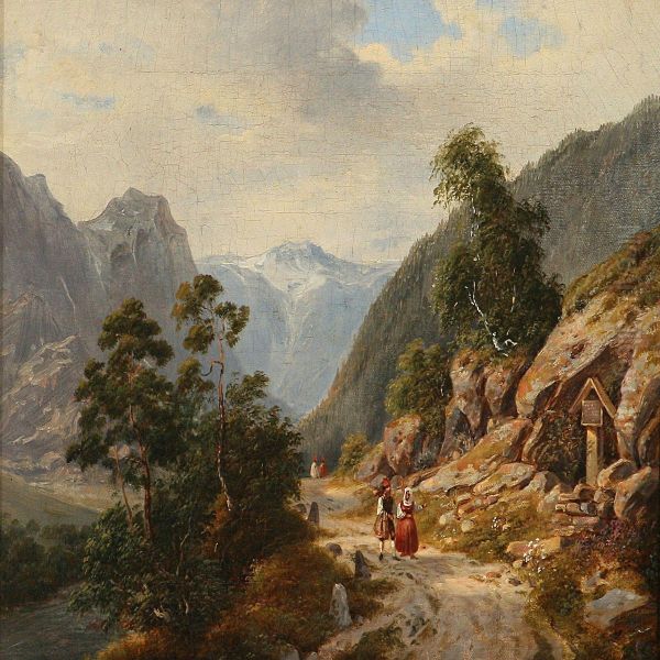 Mountain Road With People Close To A Road Altar Oil Painting by Johann-Hermann Carmiencke