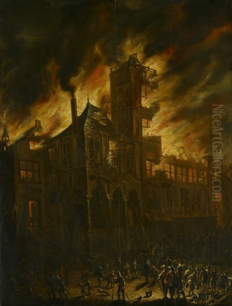 De brand van het oude stadhuis op de Dam (7 juli 1652) Oil Painting by Cornelis de Bie