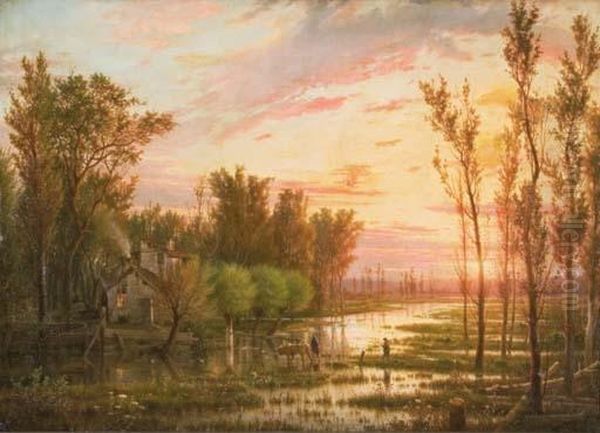 A Country Cottage In A Marsh Landscape Oil Painting by Guido Carmignani