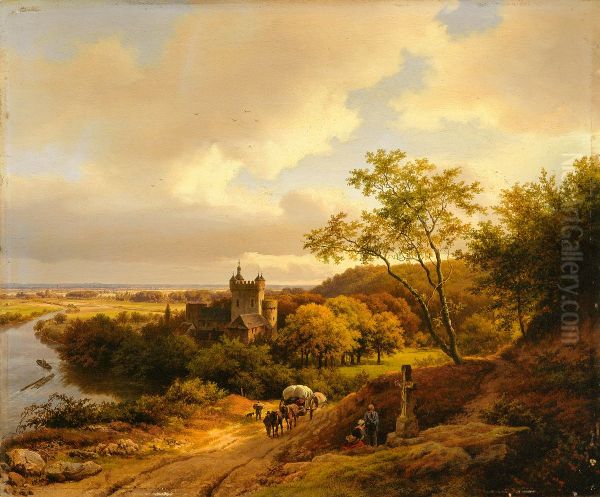 Een kasteel tussen bomen aan een rivier Oil Painting by Barend Cornelis Koekkoek