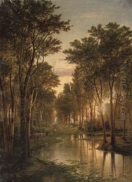 Cattle Watering By The River's Edge At Dusk Oil Painting by Guido Carmignani