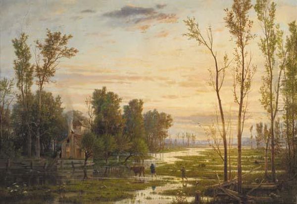 Neatherds Returning Home In A River Landscape Oil Painting by Guido Carmignani