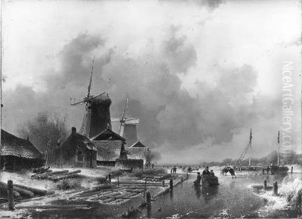 Houtzaagmolens aan een vaart bij winter Oil Painting by Andreas Schelfhout