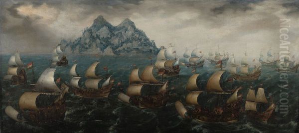 Een vloot van de Verenigde Oostindische Compagnie voor de kust van West-Afrika Oil Painting by Adam Willaerts