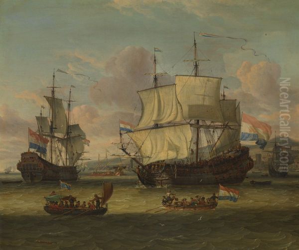 Hollandse straatvaarders bij een haven aan de Middellandse Zee-Hollandse straatvaarders bij een Middellandse-Zeehaven-Dutch Ships in a Mediterranean Roadstead Oil Painting by Abraham Storck