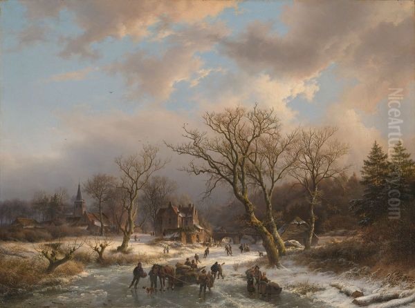 Een dorp en een oud gebouw in een boomrijk landschap aan een bevroren water Oil Painting by Barend Cornelis Koekkoek