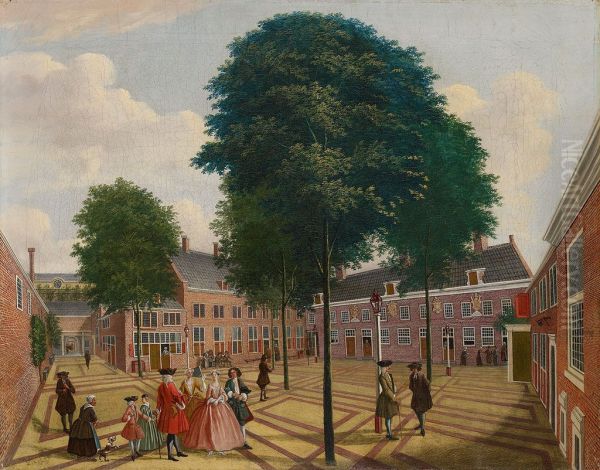 De grote binnenplaats van het Leprozenhuis Oil Painting by Louis Chalon