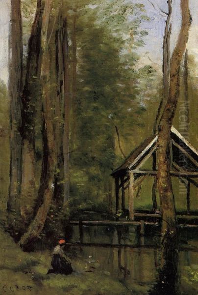 Fishing Shed at Mathois near Gournay-en-Bray Oil Painting by Jean-Baptiste Camille Corot