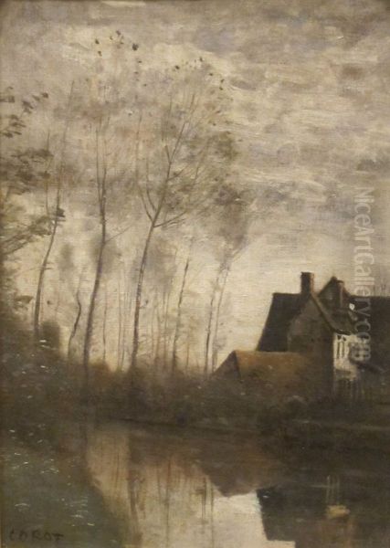 A River Scene with Houses and Poplars Oil Painting by Jean-Baptiste Camille Corot