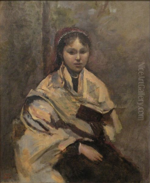 Jeune fille assise un livre a la main Oil Painting by Jean-Baptiste Camille Corot