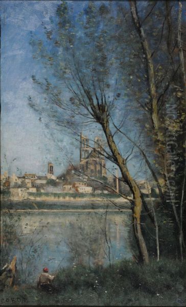 Mantes, vue de la cathedrale et de la ville. Oil Painting by Jean-Baptiste Camille Corot