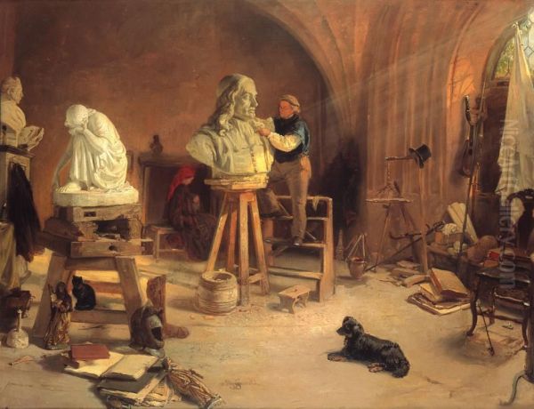 Rudolf Freitag arbeitend an der Buste des Johannes Hevelius Oil Painting by Wilhelm August Stryowski