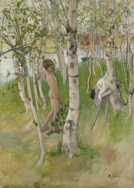 Ulf. En naken pojke mellan bjorkstammar Oil Painting by Carl Larsson