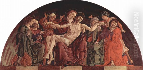 Roverella-Altar fur St. Giorgio in Ferrara, Lunettenbekronung, Szene: Pieta und Heilige Oil Painting by Cosimo Tura