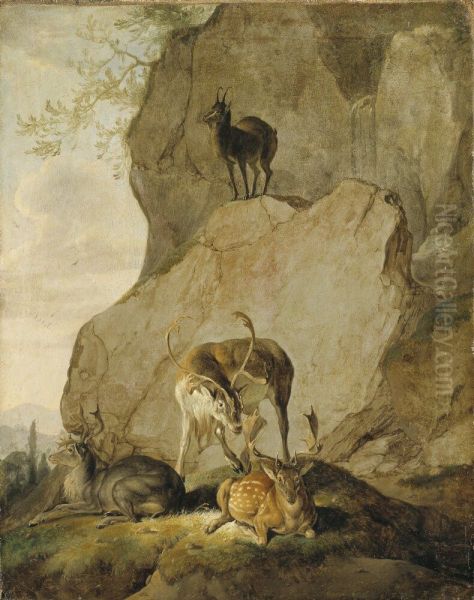 Stags in a Rocky Landscape Oil Painting by Carl Borromaus Andreas Ruthart