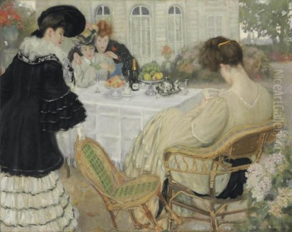 Ladies Taking Tea Oil Painting by Henry Caro-Delvaille