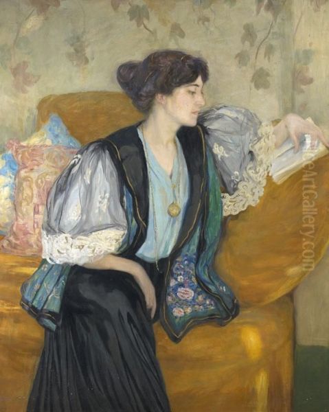 Portrait De Femme Lisant Sur Son Sofa Oil Painting by Henry Caro-Delvaille