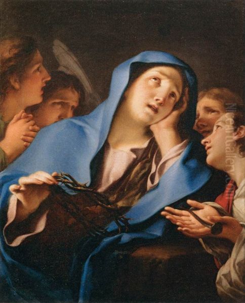 Virgin of Sorrow Surrounded by Angels Oil Painting by Cristoforo Unterperger