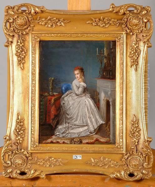 Jeune Femme Pensive Devant La Cheminee Oil Painting by Jean Carolus