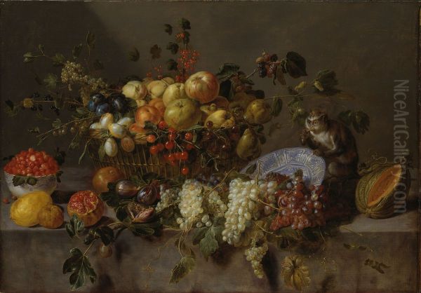 Still Life with Fruit and a Monkey eating Grapes Oil Painting by Adriaen van Utrecht