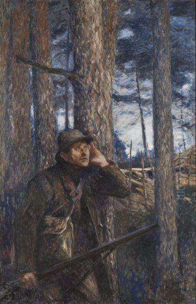 A Poacher Oil Painting by Bruno Liljefors